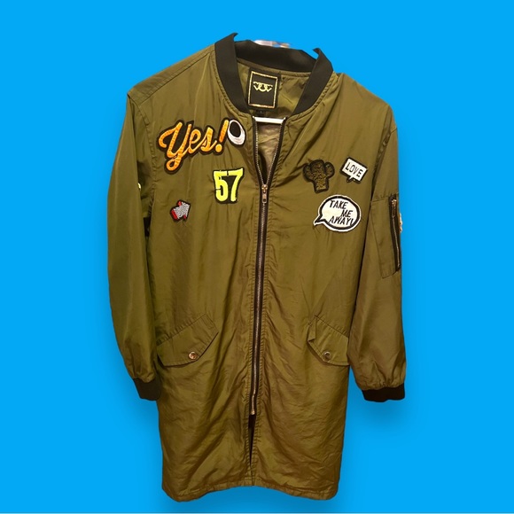 Women’s Streetwear Zipper Long Aviator Coat Windproof Jacket Funky Retro Patches - Picture 2 of 13